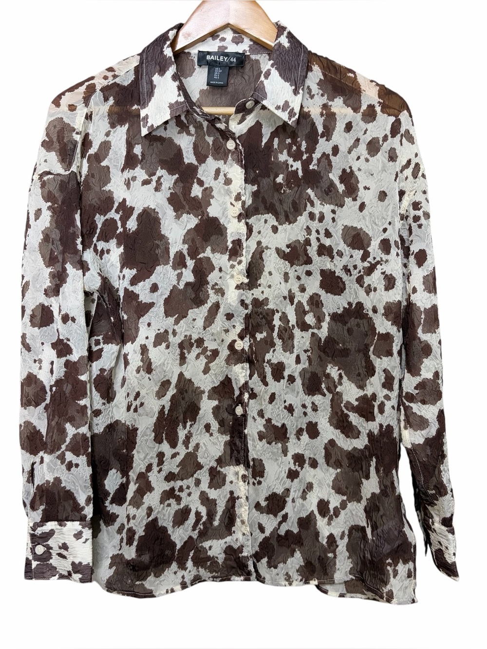 Bailey 44 crinkle button down cow print sheer shirt